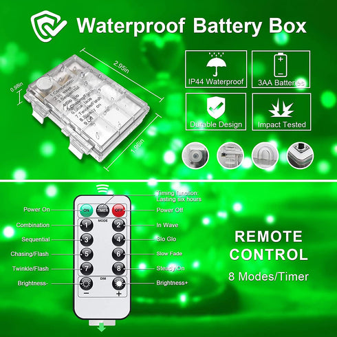JMEXSUSS 33ft 100 LED Green Battery Operated Christmas Lights,St. Patrick's Day Decorations Lights Indoor, Twinkle Fairy String Lights with Remote 8 Modes Outdoor Waterproof