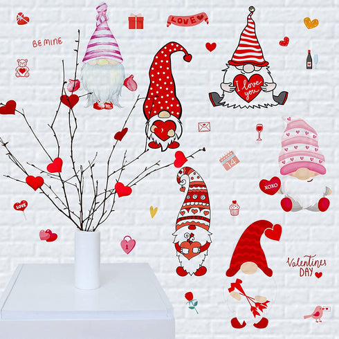 9 Sheets Valentines Day Decor Gnome Wall Stickers Valentines Wall Decals Heart Gnomes Window Stickers Gnomes Wall Vinyl Stickers for Living Room Bedroom Home Art Decor