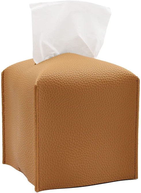 Livelab Tissue Box Cover, Square Decorative PU Leather Tissue Box Holder Modern Tissue Case Facial Paper Organizer Dispenser for Bathroom, Vanity Countertop, Night Stands, Desk, Car 5X5X5'' | Camel