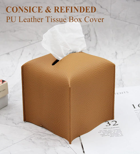 Livelab Tissue Box Cover, Square Decorative PU Leather Tissue Box Holder Modern Tissue Case Facial Paper Organizer Dispenser for Bathroom, Vanity Countertop, Night Stands, Desk, Car 5X5X5'' | Camel