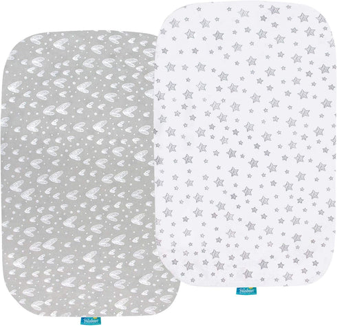 Bassinet Sheets Compatible with Mika Micky Bedside Sleeper, (2 Pack), 100% Jersey Knit Cotton Fitted Sheets, Grey Hearts and White Stars Print for Baby