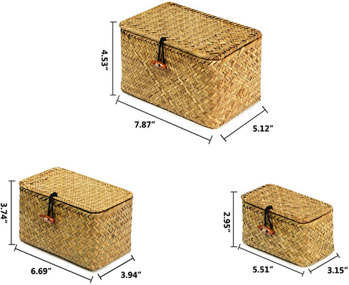 FEILANDUO Shelf Baskets with Lid Set of 3 Handwoven Seagrass Storage Box Wicker Basket Desktop Makeup Organizer Multipurpose Container (Original (S/M/L)