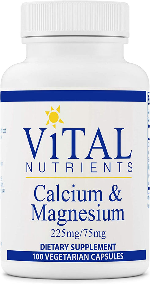 Vital Nutrients - Calcium and Magnesium - Cardiovascular, Muscle, and Bone Support - 100 Vegetarian Capsules per Bottle - 225 mg / 75 mg