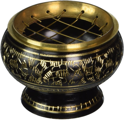 New Age Imports, Inc. India Small Decorated Brass Charcoal Screen Incense Burner with Wooden Coaster