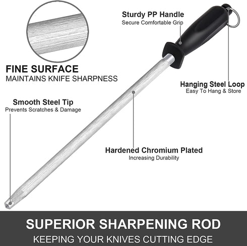 Honing Steel Knife Sharpening Rod 12 inches, Premium Carbon Steel Knife Sharpener Stick, Easy to Use Honer for Knives and Rod Sharpeners - Daily Maintenance