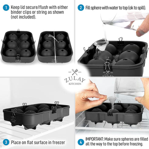 Zulay Kitchen Silicone Ice Cube Trays Set of 2 - Large Square Ice Cube Molds and Sphere Ice Ball Maker with Lid - BPA Free Reusable Ice Mold For Whiskey, Cocktails, Bourbon (Black)