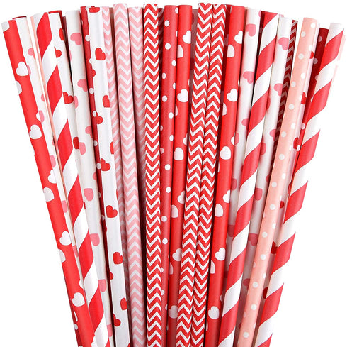 FEPITO 200Pcs Red and Pink Paper Straws Valentines Paper Straws Hearts Paper Straw Stripe Drinking Straws for Valentine's Day, Birthday Party, Wedding, Christmas Party Supplies