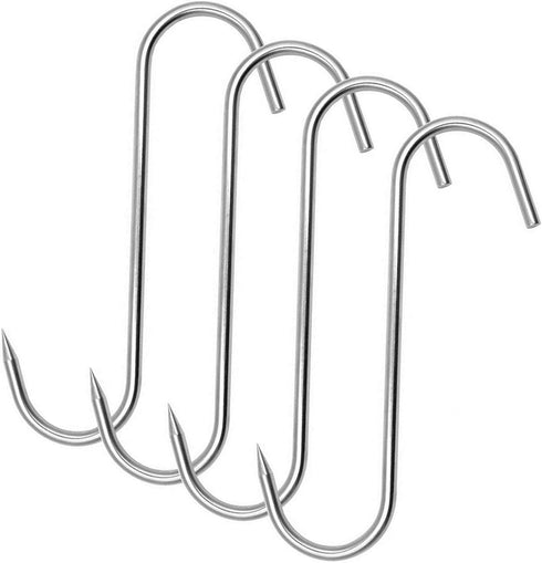 4pc 9" Heavy Duty & Thick ALAZCO Stainless Steel Meat Processing Butcher Hook - Wild Game, Smoking Ribs BBQ Large Fish, Hunting, Carcass Deer Hanging S-Hook Excellent Quality 9mm Thick