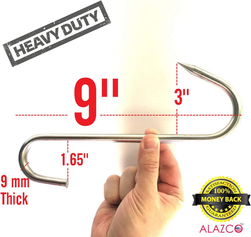 4pc 9" Heavy Duty & Thick ALAZCO Stainless Steel Meat Processing Butcher Hook - Wild Game, Smoking Ribs BBQ Large Fish, Hunting, Carcass Deer Hanging S-Hook Excellent Quality 9mm Thick