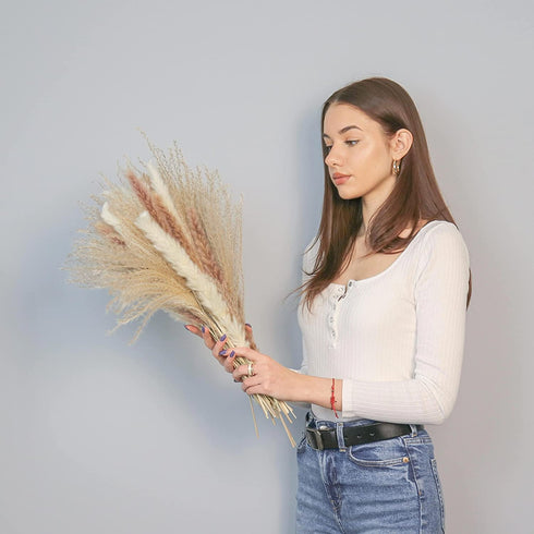 60 Pcs Boho Flowers Faux Pampas Grass Decor- Tall and Fluffy with No Shedding - Artificial Pompass Grass for Home, Wedding, and Table Decor, White, Brown & Reed