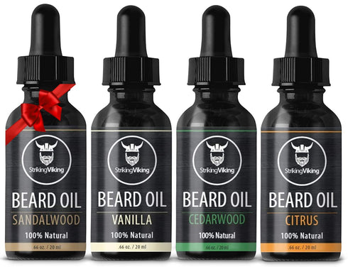 Striking Viking Beard Oil 4 Pack - Softening and Conditioning Beard Oil for Men - Citrus, Vanilla, Sandalwood, & Cedarwood Variety Scents - Enriched with Argan, & Jojoba Oils