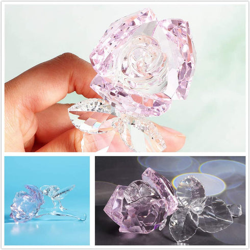 Crystal Rose Flower,Glass Rose Paperweight Figurine Collectible Statue Wedding Table Centerpiece Ornament,Pink Rose