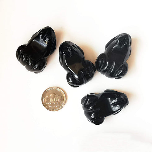 Bacatgem 1 Pcs Natural Black Obsidian Frog Crystals and Healing Stone Figurines, 1.5 Inches Hand Carved Pocket Animal Room Decor Gemstone