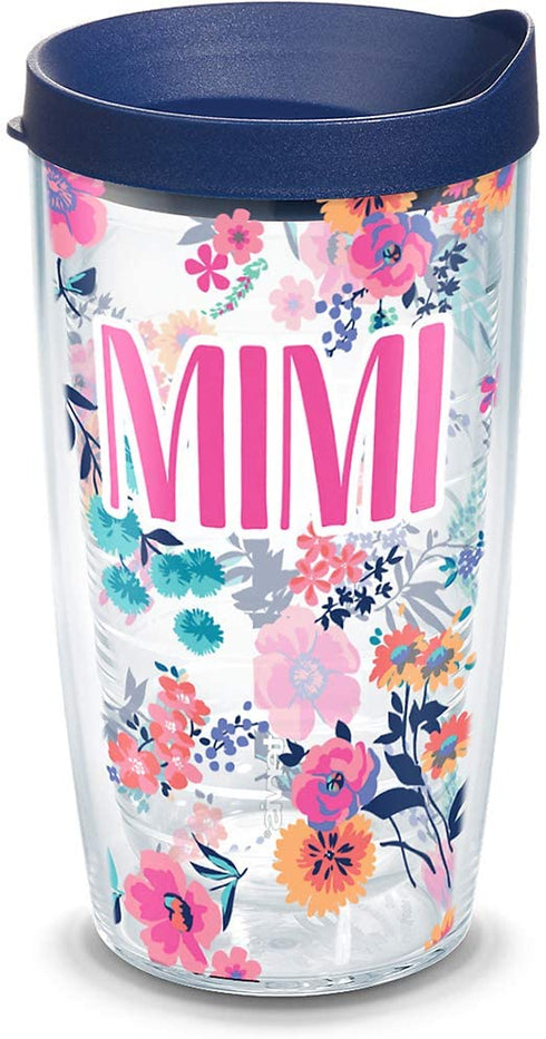 Tervis Mimi Dainty Floral Insulated Travel Tumbler with Wrap and Navy Blue Lid, 16 oz - Tritan, Clear
