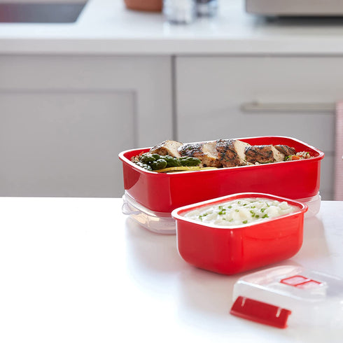 Sistema Heat and Eat 4 Rectangular Food Containers with Lids 1.25L + 2X 525ml | Locking Clips & Steam Release Vents | BPA-Free Microwave Set, 2x 1.25 Litre + 2x 525 ml, Red