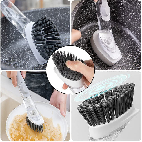 Cenbee Soap Dispensing Dish Brush with 4 Replaceable Heads, Updated No Leaking Soap Dish Scrubber Soap Dispenser, Kitchen Dish Brush with Soap Dispenser for Pot Pan Sink Cleaning(Light Gray)