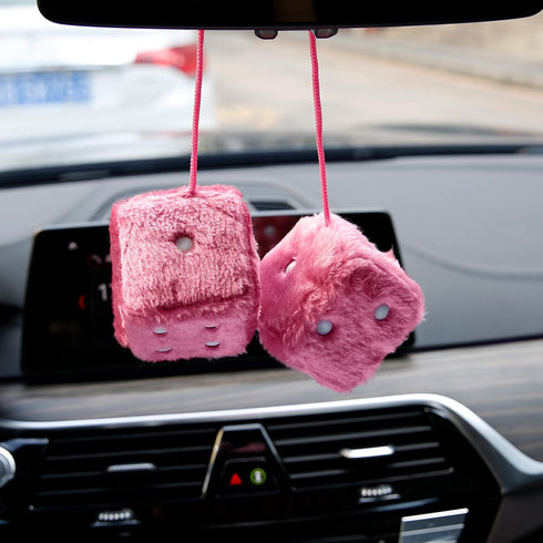 YGMONER Pair of Retro Square Mirror Hanging Couple Fuzzy Plush Dice with Dots for Car Decoration (Pink)