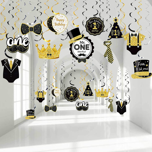 30 Pieces Mr. Onederful Birthday Decorations Glitter Black Gold Hanging Swirls 1st Birthday Party Foil Swirls Ceiling Mustache Toppers Sign Decor for Baby Boy First Birthday Supplies