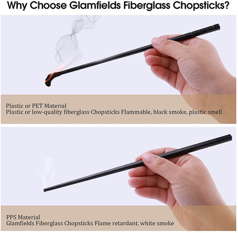GLAMFIELDS 10 Pairs Fiberglass Chopsticks, Reusable Japanese Chinese Chop Sticks Dishwasher Safe, Non-Slip, 9 1/2 inches