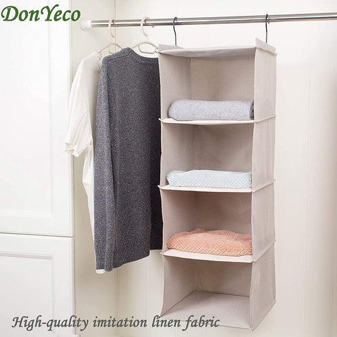 DonYeco 4-Shelf Hanging Linen Closet Organizers and Storage, Collapsible Closet Storage Organizer, for RV Wardrobe Camp, Hanging Organizer for Shoes Toys Baby Clothes