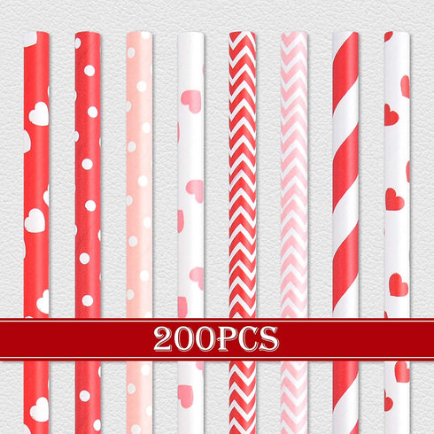 FEPITO 200Pcs Red and Pink Paper Straws Valentines Paper Straws Hearts Paper Straw Stripe Drinking Straws for Valentine's Day, Birthday Party, Wedding, Christmas Party Supplies