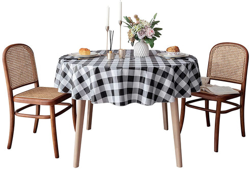 misaya 60" Round Tablecloth, Buffalo Plaid Vinyl Table Cloth, Waterproof Table Cover with Flannel Backing for Kitchen, Fall Picnic, Halloween and Christmas Party, Black and White