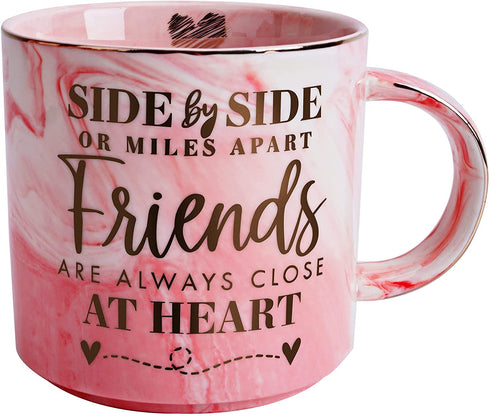Long Distance Best Friend Birthday Gifts for Women - Funny Friendship Gift - Gifts for BFF, Bestfriend, Besties, Sister, Her - Side By Side Or Miles Apart - Cute Pink Marble Mug, 11.5oz Coffee Cup