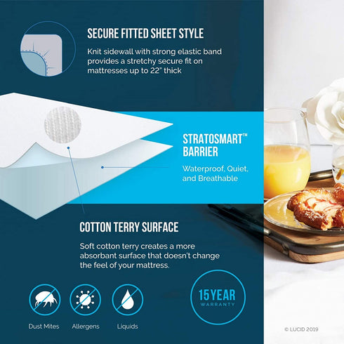 Lucid Premium Hypoallergenic 100% Waterproof Mattress Protector - 15 Year Warranty