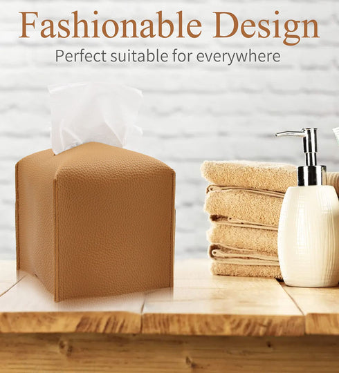 Livelab Tissue Box Cover, Square Decorative PU Leather Tissue Box Holder Modern Tissue Case Facial Paper Organizer Dispenser for Bathroom, Vanity Countertop, Night Stands, Desk, Car 5X5X5'' | Camel