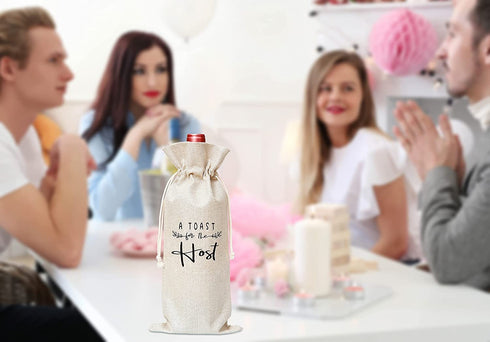 A Toast For The Host Wine Bag, Gift for Bridal Shower Housewarming Party, Gifts for Holiday Hostess Women Wedding Girls Night Burlap Bag €“ 1 Pc(host 002)