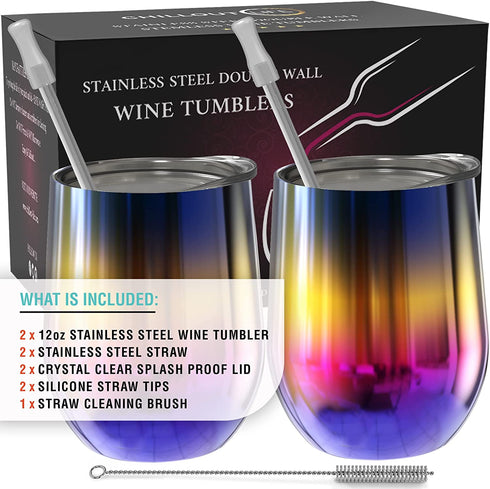 CHILLOUT LIFE Stainless Steel Wine Tumblers 2 Pack 12 oz - Double Wall Vacuum Insulated Wine Cups with Lids and Straws Set for Coffee, Wine, Cocktails (Rainbow)