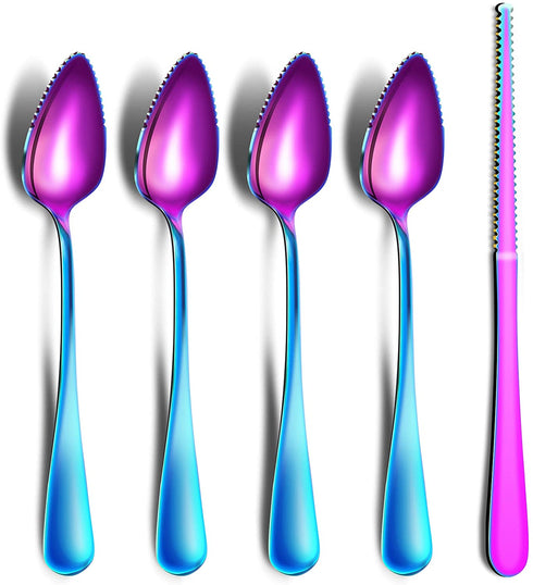 Grapefruit Spoons & Grapefruit Knife, Stainless Steel Grapefruit Utensil Set, Serrated Edge & Thick Gauge Handle, Rainbow Kitchen Tool with Non-stick Plating for Kiwi, Dessert, Apple (5 PCS)