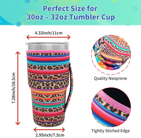 Reusable Iced Coffee Cup Sleeve Neoprene Insulated Sleeves Cup Holder with handle Idea for 30oz - 32oz Tumbler Cups, protein shake bottles(Only Cup Sleeves)(Bright Floral)