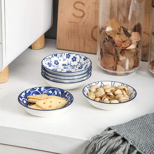 Selamica 2.5oz Ceramic Dip Bowls Set, Porcelain Dip Mini Bowls Soy Sauce Dish, dipping Bowls, Appetizer side dishes for party, family, pack of 6(Vintage Blue)