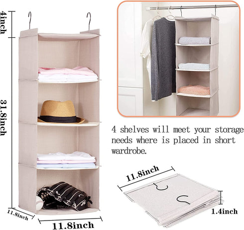 DonYeco 4-Shelf Hanging Linen Closet Organizers and Storage, Collapsible Closet Storage Organizer, for RV Wardrobe Camp, Hanging Organizer for Shoes Toys Baby Clothes