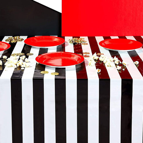 Plastic Tablecloth for Birthday Party, Black and White Stripes (54 x 108 in, 3 Pack)