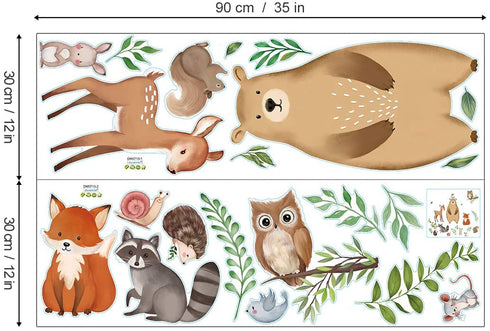 decalmile Large Woodland Animals Leaf Wall Decals Bear Fox Deer Wall Stickers Baby Nursery Kids Bedroom Classroom Wall Decor