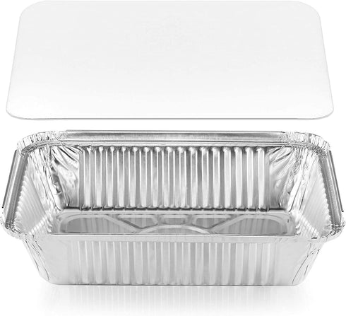 DecorRack 56 Aluminum Pan Disposable with Flat Board Lid, 2.25 Lb Heavy Duty Rectangular Tin Foil Pans, Perfect for Reheating, Baking, Roasting, Meal Prep, to-Go Containers (56 Pack)