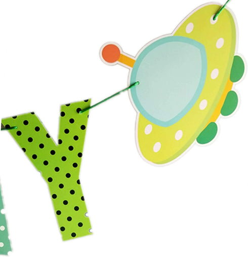 YiiiGoood Green Alien Theme Happy Birthday Banner Say Hello to Humans Banner Outer Space UFO Banner for Baby Shower First Birthday Party Decorations Supplies