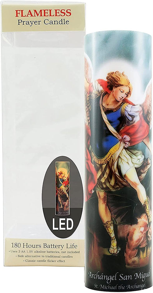 The Saints Collection St. Michael Flickering LED Prayer Candle with Timer, Prayer in English and Spanish, Religious Gift Ideas for Family and Friends