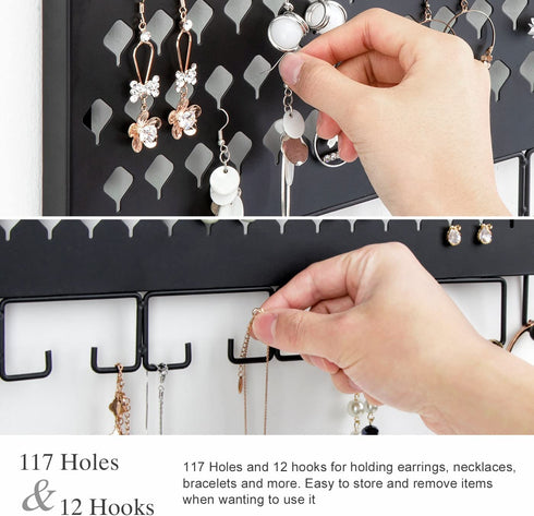 JackCubeDesign Wall Mounted Jewelry Organizer, Earring Necklace Bracelet Holder Display Hanger with 117 Holes & 12 Hooks (Black, 16.54 x 12.2 x 0.75 inches) - MK319A