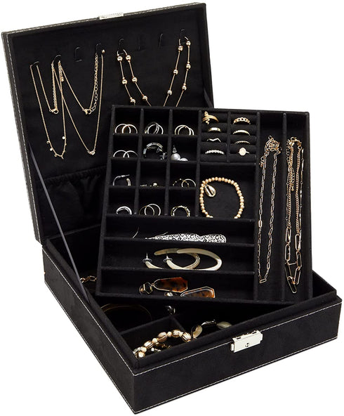 Two Layer Black Jewelry Box Organizer with Lock and Key, Display Case with Removable Tray (10.5 x 10.5 inch)