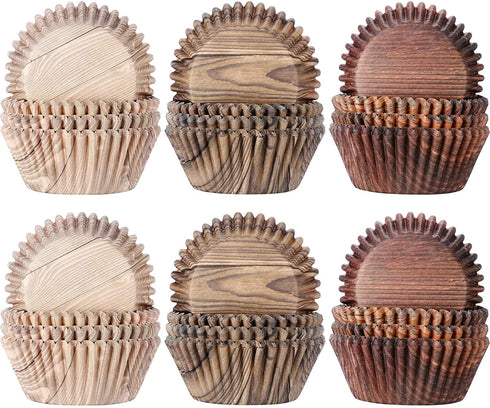 300 Pieces Woodgrain Cupcake Liners Wood Grain Cupcake Wrappers Woodland Animal Cupcake Cups Paper Muffin Baking Liners Holders for Bridal Showers Wedding Holiday Birthday Party Decorations