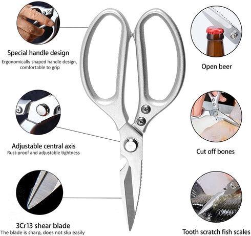 WAK 8.5" Kitchen Shears, Multi Functional Kitchen Scissors Heavy Duty, Professional Stainless Steel Scissors for Kitchen, Easily Cut Poultry, Chicken Bone, Meat, Fish, Bottle Opener