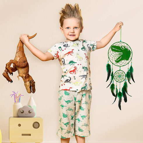 Basumee Dinosaur Dream Catcher for Kids Feather Dream Catchers Handmade Home D©cor Wall Hanging with Double Ring for Nursery Bedroom Boy Birthday Gift, Green
