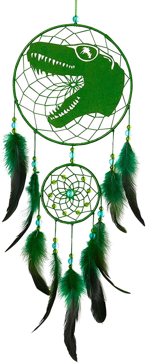 Basumee Dinosaur Dream Catcher for Kids Feather Dream Catchers Handmade Home D©cor Wall Hanging with Double Ring for Nursery Bedroom Boy Birthday Gift, Green