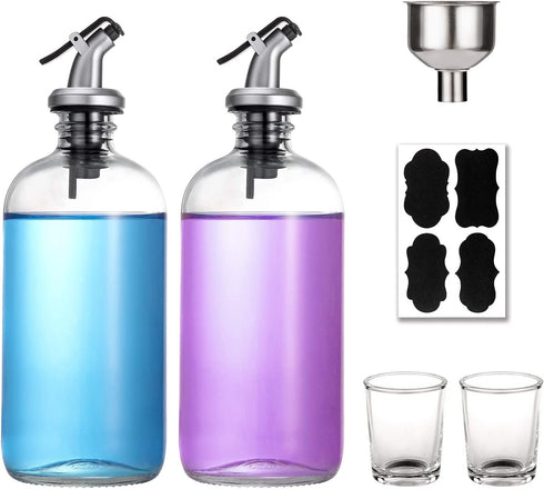 16-Ounce Glass Mouthwash Dispenser - Clear Glass Bottle with Pour Spout, Shot Glass, Funnel and Labels, Refillable Boston Round Bottles - 2 Pack
