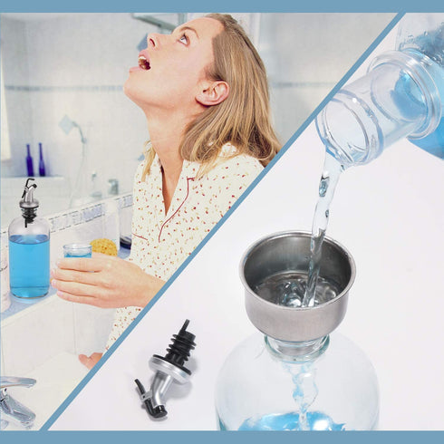 16-Ounce Glass Mouthwash Dispenser - Clear Glass Bottle with Pour Spout, Shot Glass, Funnel and Labels, Refillable Boston Round Bottles - 2 Pack