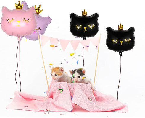8 Pieces Crown Cat Foil Balloons Cute Kitty Cat Birthday Balloons Animal Balloons for Girls Kitten Pet Cat Birthday Party Supplies Decorations, Pink and Black