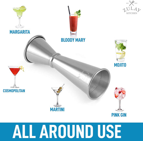 Premium Japanese Style Double Cocktail Jigger, 18/8 Food-Grade Stainless Steel, 1oz-2oz Etched Markings With Incremental Gradations, Beautiful Jiggers Shot Pourer Measuring Tool - By Zulay Kitchen